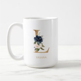 Caneca De Café Marinho Blush Floral Monograma - Letra "L" Persona