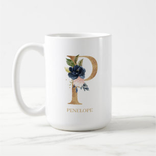 Caneca De Café Marinho Blush Floral Monograma - Letra "P" Persona