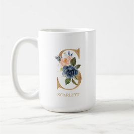Caneca De Café Marinho Blush Floral Monograma - Letra "S" Persona