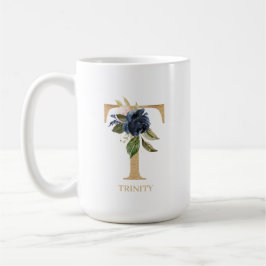 Caneca De Café Marinho Blush Floral Monograma - Letra "T" Persona