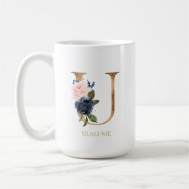 Caneca De Café Marinho Blush Floral Monograma - Letra "U" Persona