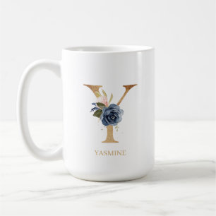Caneca De Café Marinho Blush Floral Monograma - Letra "Y" Persona