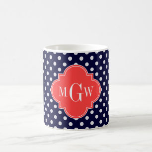 Caneca De Café Marinho Bolinhas Branco Quatrefoil Coral 3 Monogra
