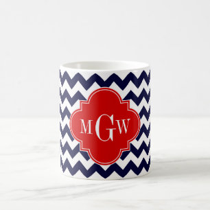 Caneca De Café Marinho Branco Cevron Vermelho Quatrefoil 3 Monogr