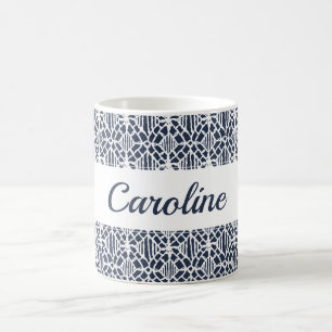 Caneca De Café Marinho Com Padrão De Lace De Crochet Branco