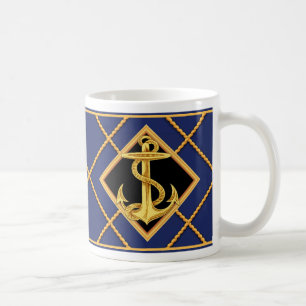 Caneca De Café Marinho de Âncora Dourado e  de Corda Náutica Az