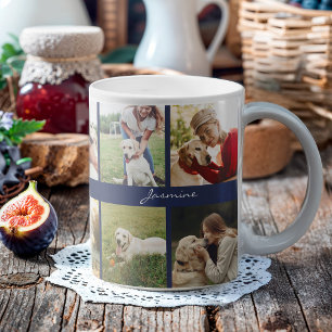 Caneca De Café Marinho de Colagem de Fotografias Moderna Azul