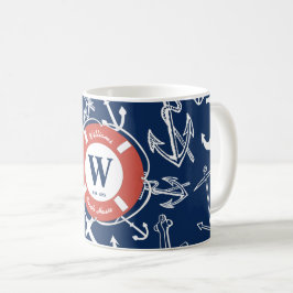 Caneca De Café Marinho de Monograma Azul Anchor Beach House