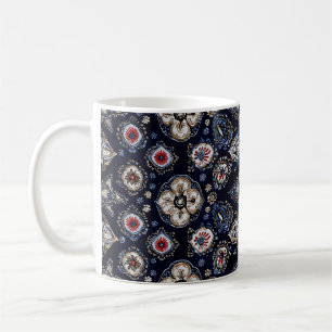 Caneca De Café Marinho de Padrão Floral Elegante Azul