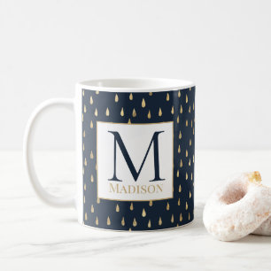 Caneca De Café Marinho Dourado Raindrop Modern Trendy Monograma