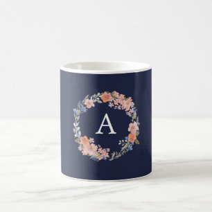 Caneca De Café Marinho e Peach Floral Wreath Monograma