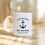 Caneca De Café Marinho Náutico Azul Nome Personalizado do Capitão<br><div class="desc">A caneca de café personalizada náutica apresenta uma âncora de barco costeira com design de tipografia na moda. Personalize o texto com o nome do capitão, o nome do barco e o local. Faz um presente único e divertido para os proprietários de barcos. Esquema de cores azul e branco do...</div>