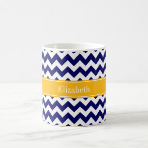 Caneca De Café Marinho White Chevron ZigZag Nome Goldenrod Monogr