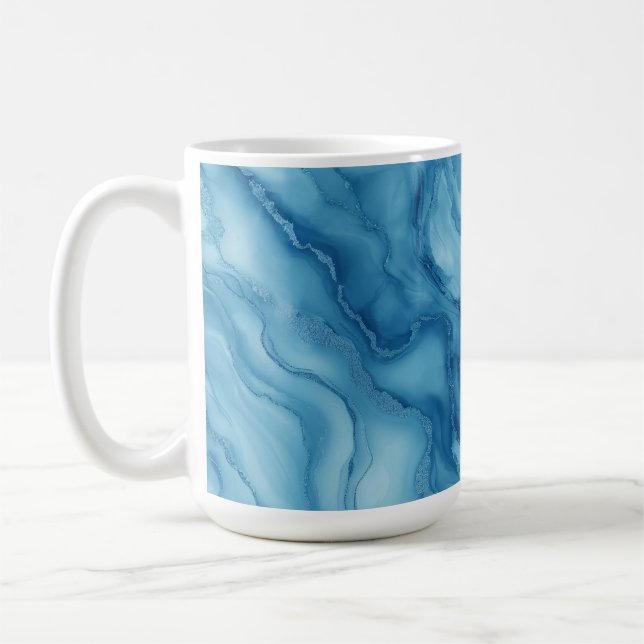 Caneca De Café Mármore Azul Elegante com Design Fluido Ondulado (Esquerda)