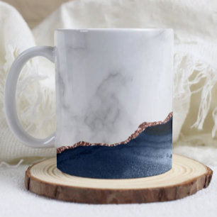 Caneca De Café Mármore Branco Ágata Azul Marinho Brilho Dourado R