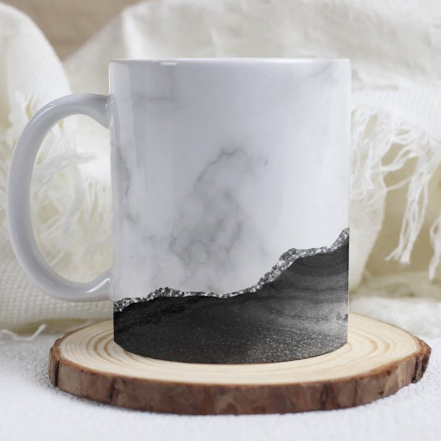 Caneca De Café Mármore Branco Ágata Preta Brilho Prata (Criador carregado)