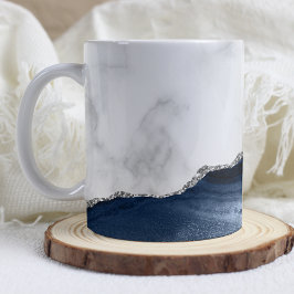 Caneca De Café Mármore Branco Azul Naval Ágata Prateada