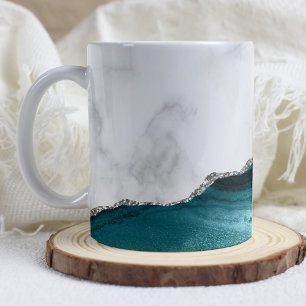 Caneca De Café Mármore Branco Azul Turquesa Ágata Brilho Prata
