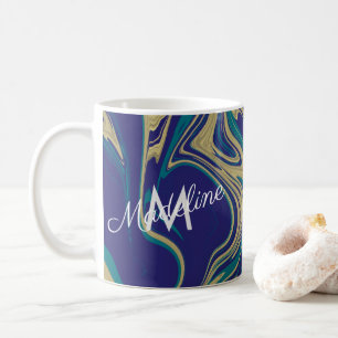 Caneca De Café Mármore Líquido Falso Dourado Azul Esverdeado Mono