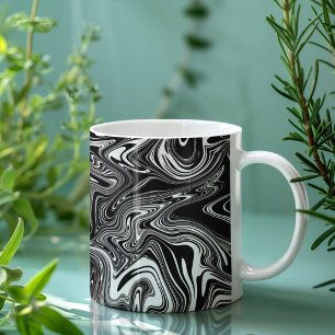 Caneca De Café Mármore Líquido Preto e Branco Abstrato