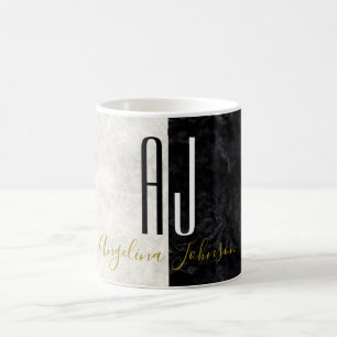 Caneca De Café Mármore Preto e Branco Monograma Inicial Simples