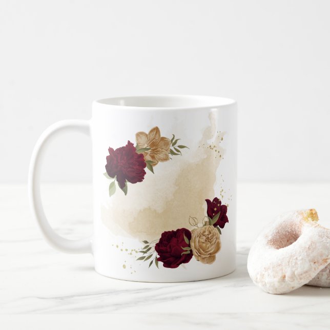 Caneca De Café Marrom bege dourado verde botânico (Com Donut)