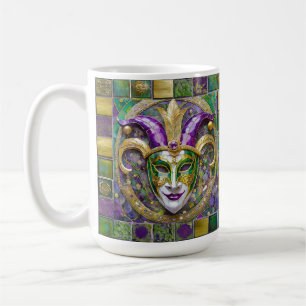 Caneca De Café Máscara de Jester do Mardi Gras Roxa Verde Dourada