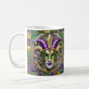 Caneca De Café Máscara de Jester do Mardi Gras Roxa Verde Dourada