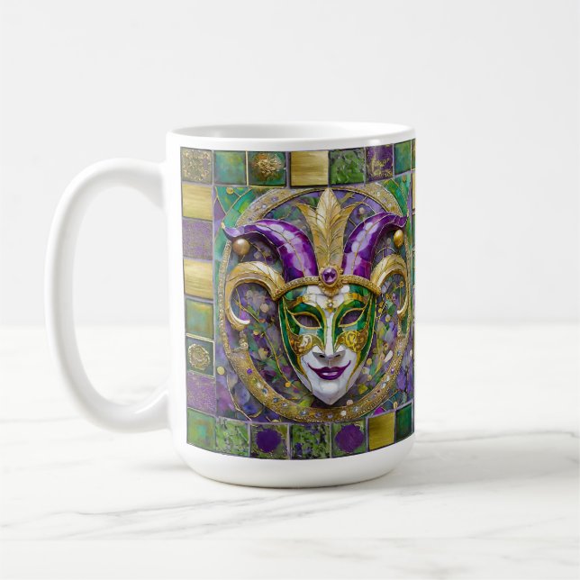 Caneca De Café Máscara de Jester Mardi Gras Roxo Verde Dourado (Esquerda)