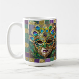 Caneca De Café Máscara de Pena de Pavão Cerâmico Dourado de Mardi