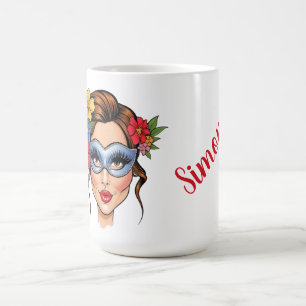 Caneca De Café Máscara Veneziana Elegante Mulher com Coroa Floral