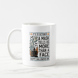 Caneca De Café Máscara Vintage de Halloween com Citação em Design