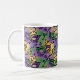Caneca De Café Máscaras e Contas de Mardi Gras Roxo Verde Amarelo