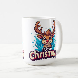 Caneca De Café Mascote Rena Fofa Com Texto 'Eu Amo Natal'