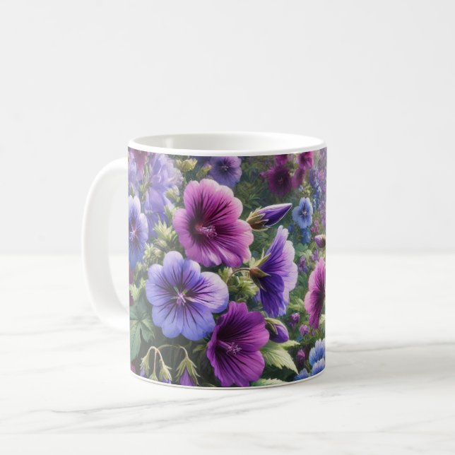 Caneca De Café Mata de flores com flores roxas vibrantes e violet (Frente Esquerda)