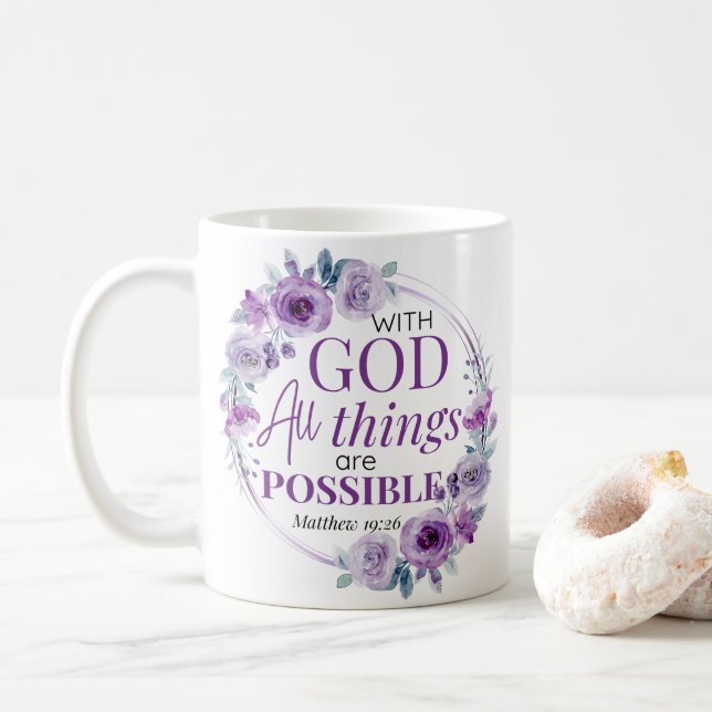 Caneca De Café Mateus 19:26 Possível com Deus Floral Roxo (Com Donut)