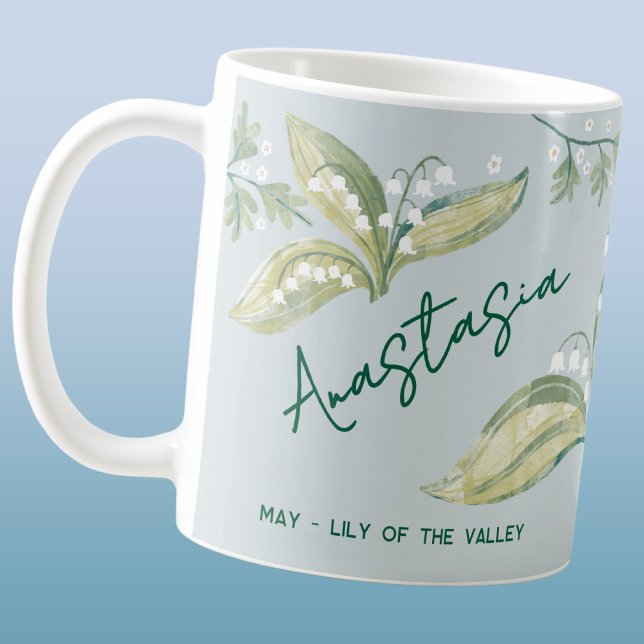 Caneca De Café May Birth Flower Custom Name Lily of the Valley (May birth month flower lily of the valley hawthorn personalized custom name coffee mug birthday gift)