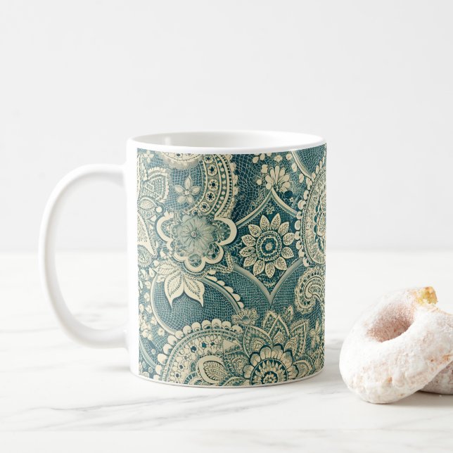 Caneca De Café Medalhão de Renda Esmeralda (Com Donut)
