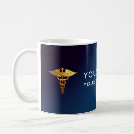 Caneca De Café Médico Caduceu Elegante em Azul Marinho e Dourado