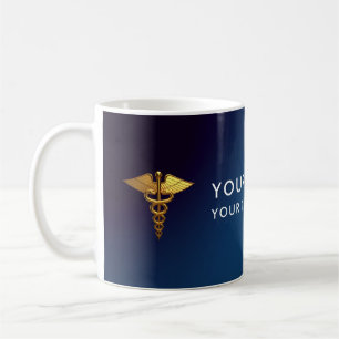 Caneca De Café Médico Caduceu Elegante em Azul Marinho e Dourado