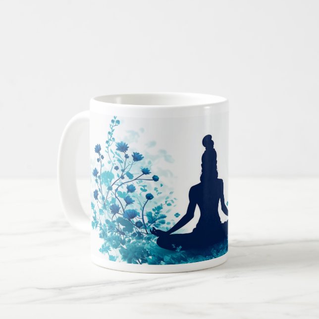 Caneca De Café Meditação Ilustração Mug - Floral Azul Sereno (Frente Esquerda)