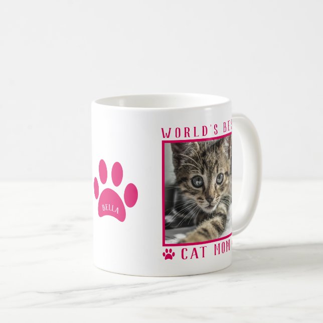 Caneca De Café Melhor Cat Mãe Nome Foto Paw Imprime Rosa Quente (Frente Esquerda)