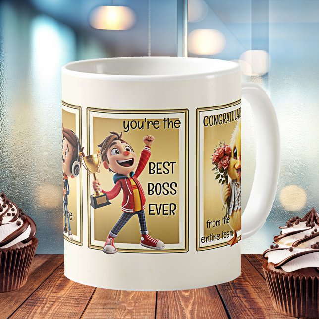 Caneca De Café Melhor Chefe de Cartoon Divertido (Mug featuring cute cartoon characters announcing the best boss ever.)
