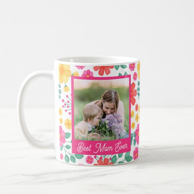 Caneca De Café Melhor Colagem de Fotos Floral Moderna da Mãe (Esquerda)