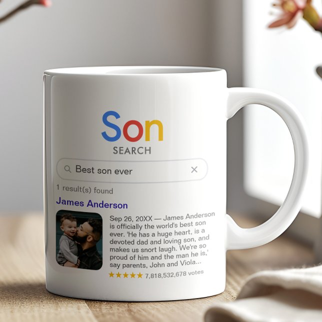 Caneca De Café Melhor Filho Engraçado Resultado Da Busca Com Foto (Customize the mug with your own search term, your son's name, a photo and your personal message)