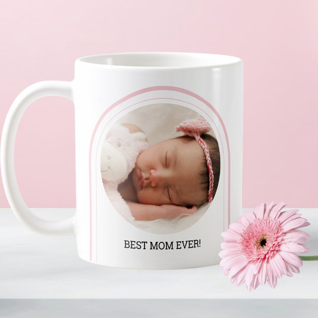 Caneca De Café Melhor Mãe 2 Foto Rosa Arch Moderno Nome Do Bebê (Best Mom Ever 2 Photo Pink Modern Arch Baby Name Coffee Mug)
