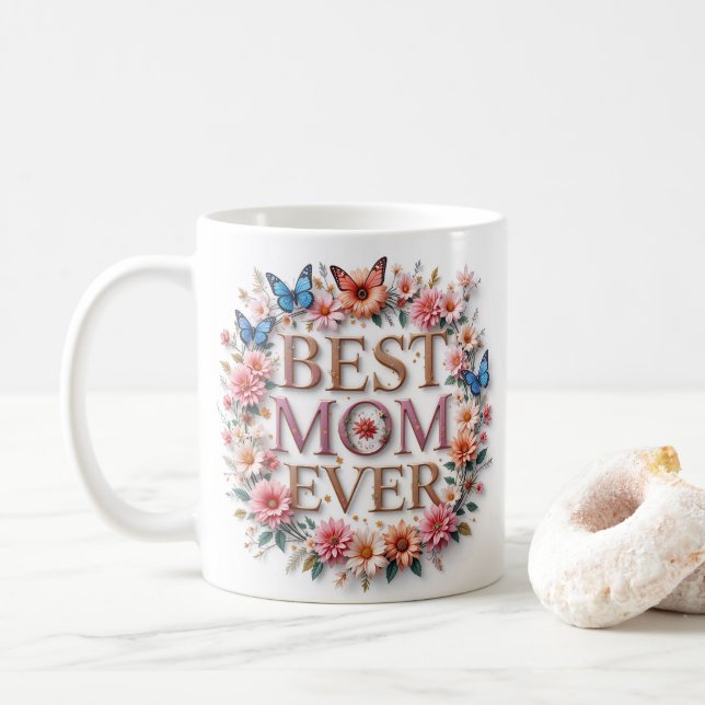 Caneca De Café Melhor Mãe Alguma Vez Citar Borboletas e flores (Com Donut)