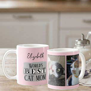Caneca De Café Melhor mãe de gato 2 nome da foto rosa cinza
