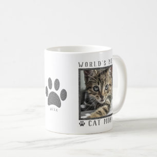 Caneca De Café Melhor Mãe de Gato do Mundo em Brilho Prata Patas