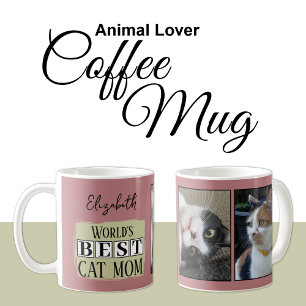 Caneca De Café Melhor mãe do gato 2 foto do nome rosa verde